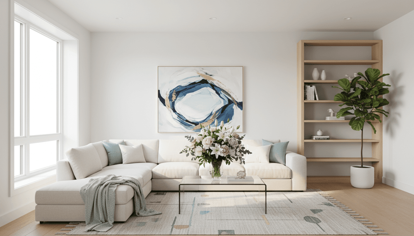 Bright clean living room with fresh flowers and neatly folded blankets on sofa
