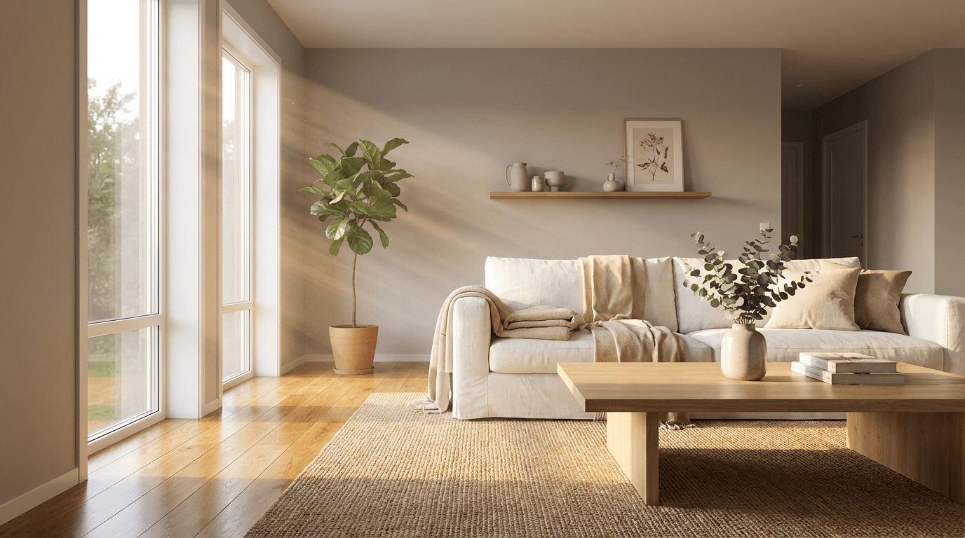 Sunlit minimalist living room with clean white sofa, wooden floors, and soft afternoon light rays creating peaceful atmosphere.