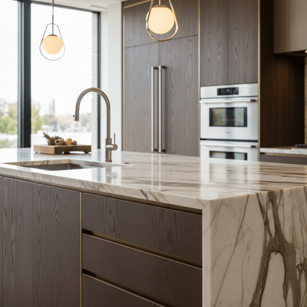 Premium kitchen island with marble countertop, designer cabinetry, and contemporary fixtures showing luxury finish details